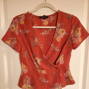 Floral Brick Red Wrap Style Top